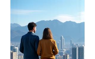 Pareja chilena de pie frente a un paisaje urbano, pensando en inversiones.