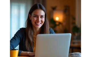 Persona trabajando felizmente desde casa con un portátil y un café.