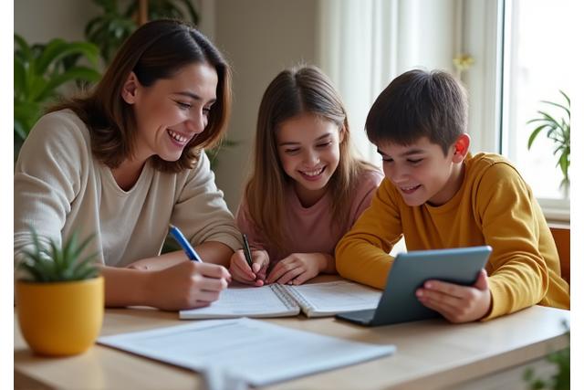 Familia chilena (padres e hijos) sonriendo y colaborando en la planificación de su presupuesto en casa, creando una atmósfera de apoyo.