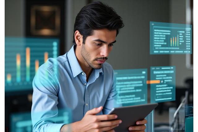 Hombre adulto joven concentrado, revisando un presupuesto con gráficos de finanzas personales, simbolizando la planificación.