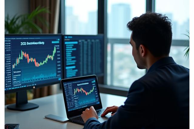 Persona trabajadora concentrada, revisando gráficos de inversión y oportunidades de negocio en una laptop, con un ambiente de oficina moderno y profesional.